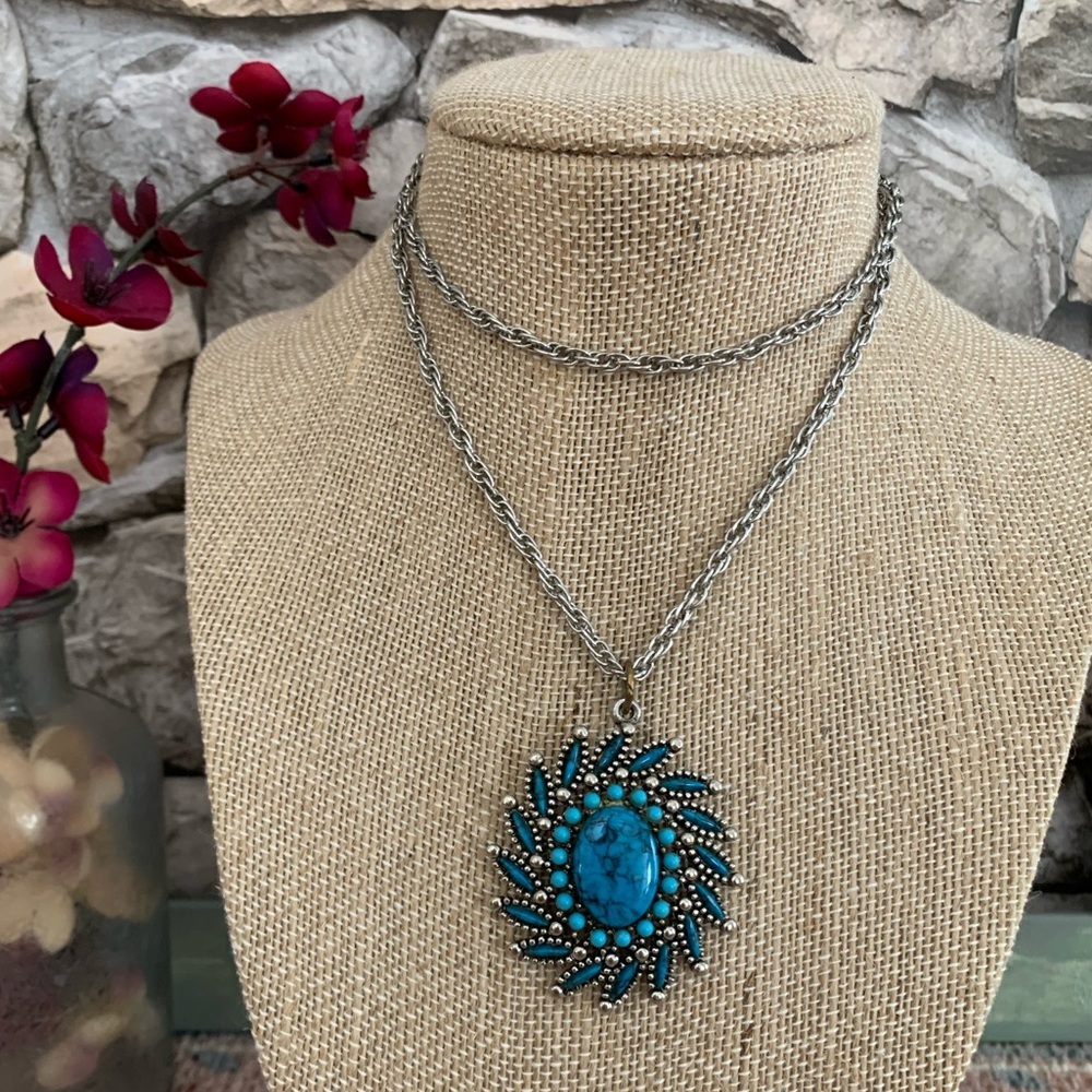 Vintage JJ Jonette Jewelry Squash Blossom Petit Point Turquoise Pendant Necklace